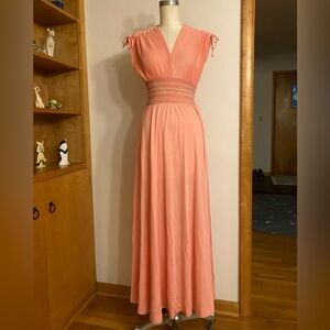Jonathan Logan Salmon Coral Peach Pleated Maxi Dress Textured Waistline 30s 40s